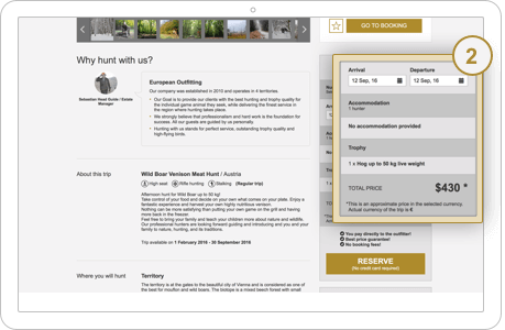 Booking form for a package trip